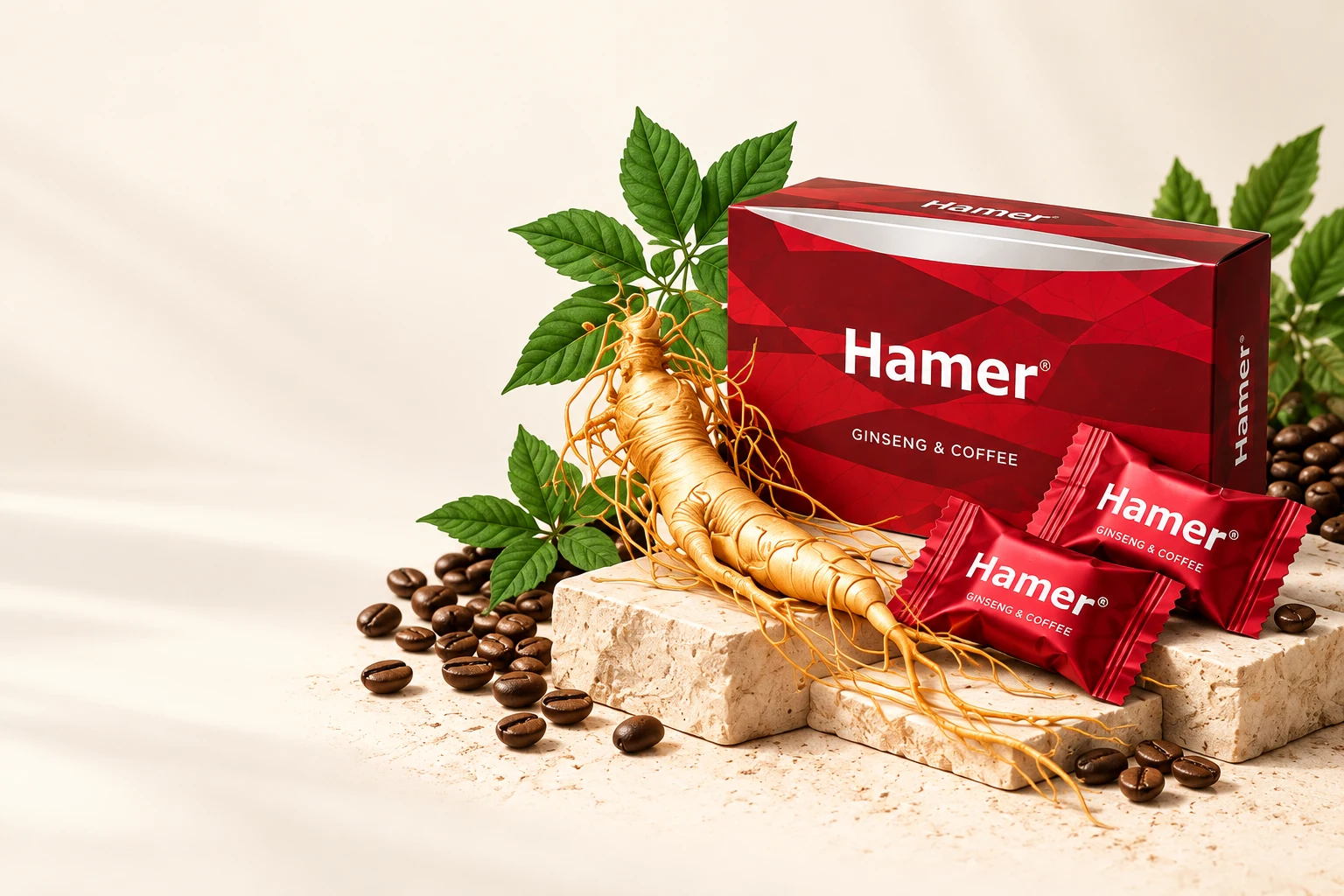 Kẹo Hamer Đà Nẵng — minh họa sản phẩm cùng nhân sâm và cà phê